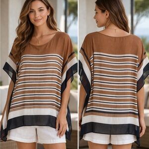 $80 Talbots Women’s Hickory Stripe Almond Poncho Silk Blend L NWT